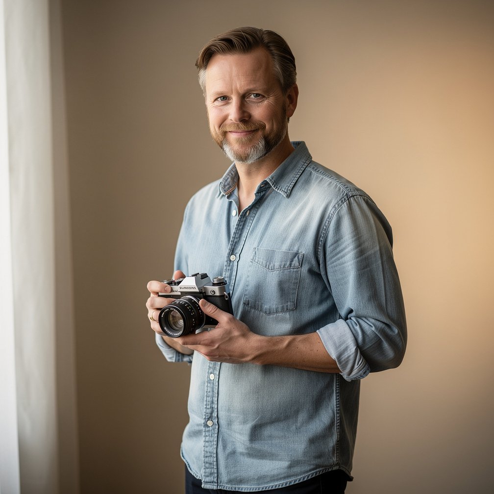 Studio portrait of a Danish male documentary photographer holding a camera